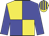 Yellow body, blue quartered, blue arms, yellow cap, blue striped