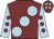 Maroon, large light blue spots, light blue sleeves, maroon spots, maroon cap, light blue spots