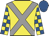 Yellow, grey cross belts, yellow and royal blue check sleeves, royal blue cap
