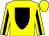 yellow, black shield, yellow sleeves, black stripe, yellow cap