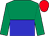 emerald green and blue halved horizontally, emerald green sleeves, red cap