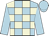 light blue, beige checked, light blue arms, light blue cap