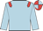 Soft blue body, red shoulders, soft blue arms, red cap, soft blue quartered
