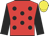 red, black spots, black sleeves, yellow cap