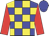 Blue and yellow check, red sleeves, blue cap