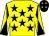 Yellow, black stars, black sleeves, yellow diabolo, black cap, yellow stars