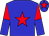 blue, red star, red sleeves, blue halves, blue cap, red star