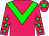 Rose, green chevron, rose arms, green stars, rose cap, green star