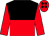 Black and red halved horizontally, red sleeves, red cap, black spots