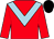 Red body, light blue chevron, red arms, black cap