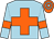 light blue, orange cross, light blue sleeves, orange armlets, orange cap, light blue hoops