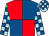 Red and royal blue (quartered), light blue and royal blue check sleeves and cap