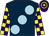 Dark blue, large light blue spots, purple & yellow check sleeves, purple & yellow hooped cap