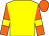 Yellow, orange sleeves, yellow armlets, orange cap