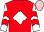 Red, white diamond, white and red chevrons on sleeves, pink cap