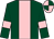 Dark green, pink panel, pink armlet, quartered cap