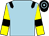 light blue, black epaulettes, black armbands on yellow sleeves, black and light blue hooped cap