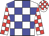 White body, blue checked, white arms, red checked, white cap, red checked