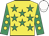 Yellow, emerald green stars, emerald green sleeves, yellow spots, white cap