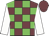 Garnet body, green checked, white arms, garnet cap