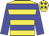 Yellow body, blue hooped, blue arms, yellow cap, blue stars