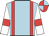 Light blue, red braces, white sleeves, red armlet, light blue & red quartered cap