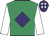Emerald green, purple diamond, white sleeves, purple cap, white spots