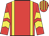 Red, yellow braces, chevrons on sleeves, striped cap