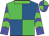 Lime green and royal blue quartered,green collar,blue sleeves,green chevrons,blue and green quartered cap