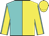 Turquoise and yellow halved, yellow sleeves,turquoise seams,  yellow cap
