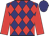 Navy blue, red diamonds, red sleeves, navy cap