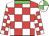 red and white checked, green collar, white and green quartered cap