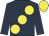 Dark blue, large yellow spots, yellow cap