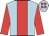 Light blue, red stripe, red sleeves, light blue cap, red spots