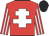 red, white cross of lorraine, white stripes on sleeves, black cap
