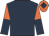 Dark blue, orange halved sleeves, orange cap, dark blue diamond