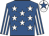 Royal blue, white stars, striped sleeves, white cap, royal blue star