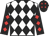 White & black diamonds, black sleeves, red diamonds, black cap, red diamonds