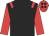 Black, red epaulettes & sleeves, red cap, black spots