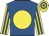 Royal blue, yellow disc, yellow and royal blue striped sleeves, hooped cap