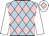 Light blue and pink diamonds, white sleeves, white cap, pink diamond