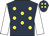 Dark blue, yellow spots, white sleeves