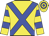 yellow, bright blue crossed sashes, bright blue hoops on yellow sleeves, bright blue hoops on yellow cap