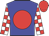 Blue, red disc, white and red checked sleeves, red cap