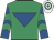 Emerald green, royal blue inverted triangle, royal blue sleeves, emerald green chevrons, white & emerald green hooped cap