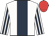 White, dark blue panel, striped sleeves, red cap