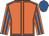 Orange, royal blue seams, striped sleeves, royal blue cap
