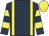 Dark blue, yellow braces, hooped sleeves, yellow cap