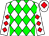 White, green diamonds, red diamonds on sleeves, white cap, red diamond