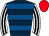 Dark blue, royal blue hoops, white and black striped sleeves, red cap